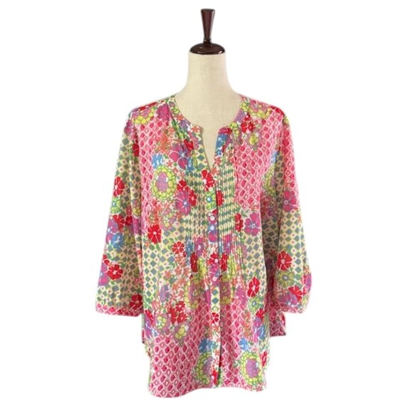 Talbots Tops - Talbots Floral Geometric Tunic Blouse Lightweight 100% Cotton 3/4 Sleeves XL EUC